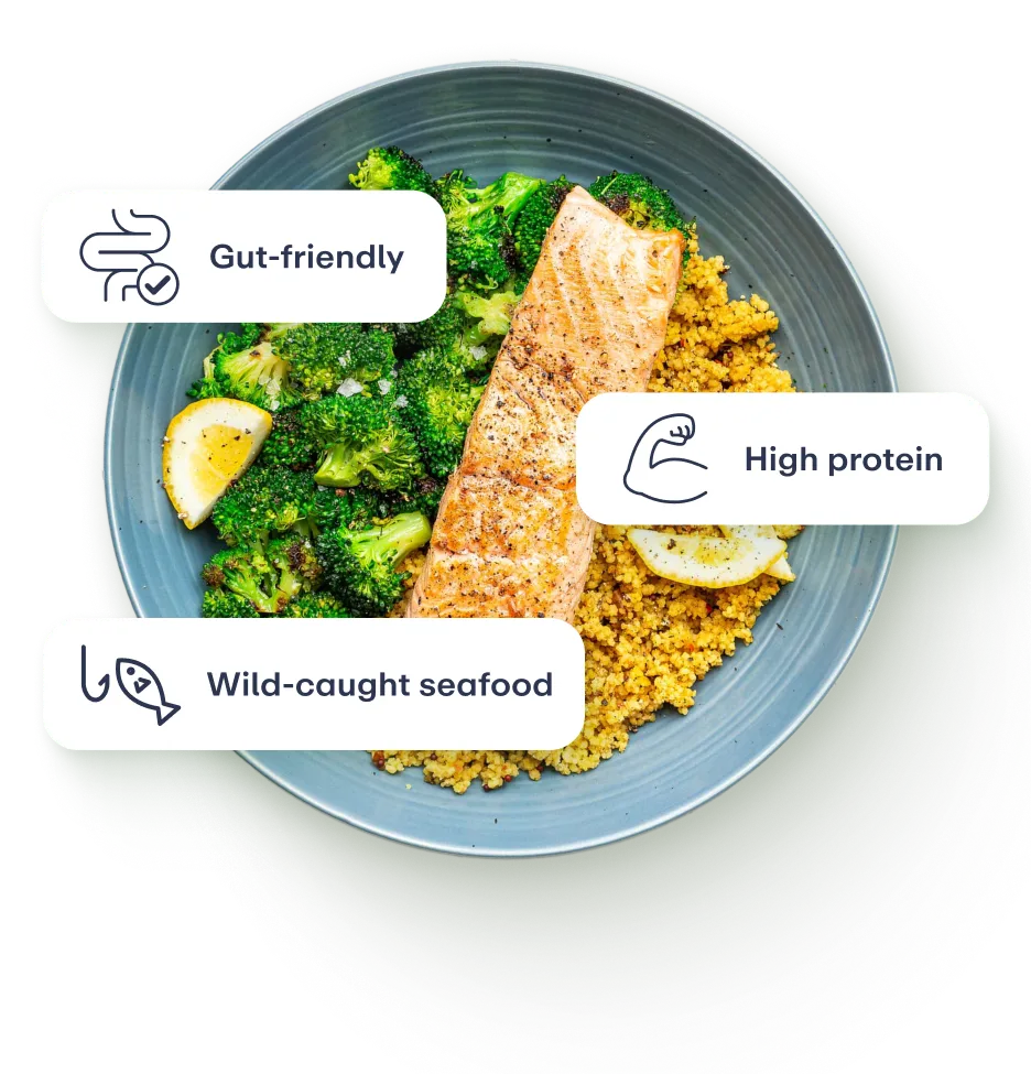 Salmon and broccoli bowl with nutrition labels